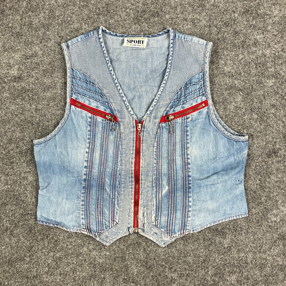 Sunny Sport Denim Vest Womens Size 12 Petite Zip Front Red Trim Western